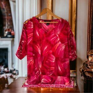 White House Black Market Red “Brush Strokes” Blouse